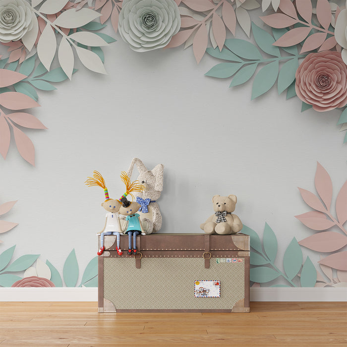 Papier peint chambre bébé | Fleurs en papier pastel et feuillage délicat
