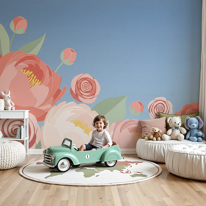 Babykamer behang | Bloemen op de voorgrond op een blauwe achtergrond