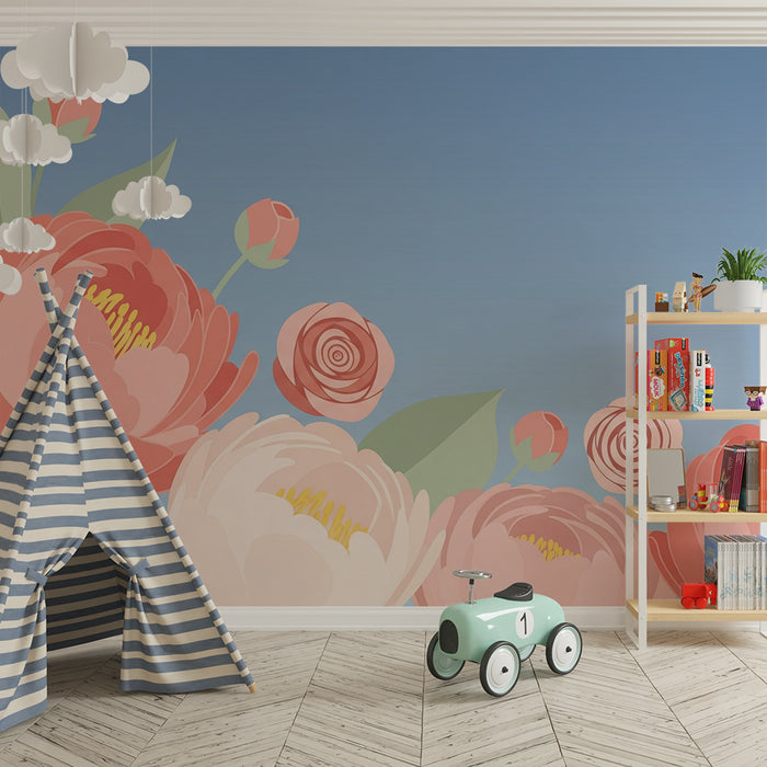 Babykamer behang | Bloemen op de voorgrond op een blauwe achtergrond