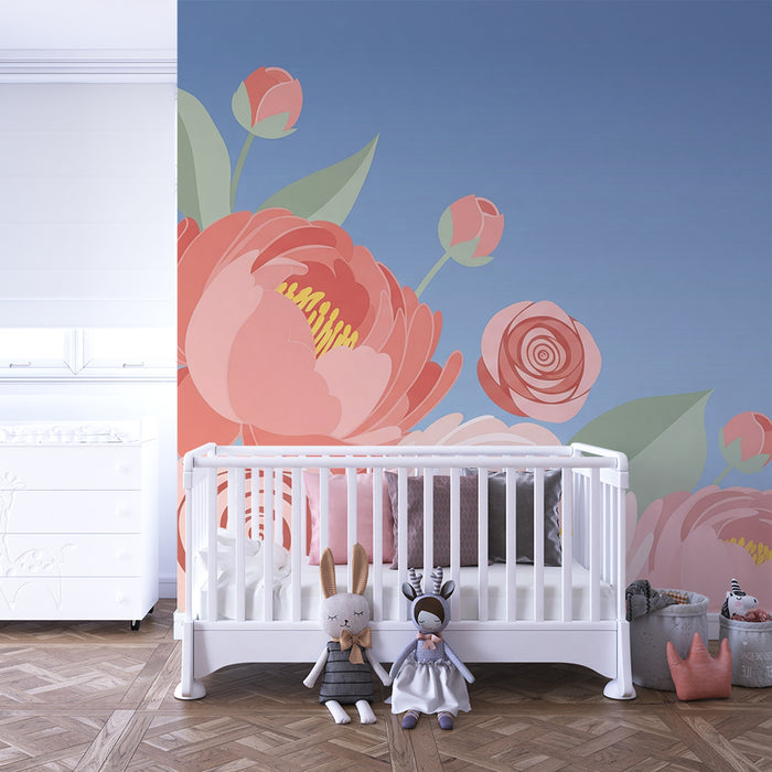 Babykamer behang | Bloemen op de voorgrond op een blauwe achtergrond