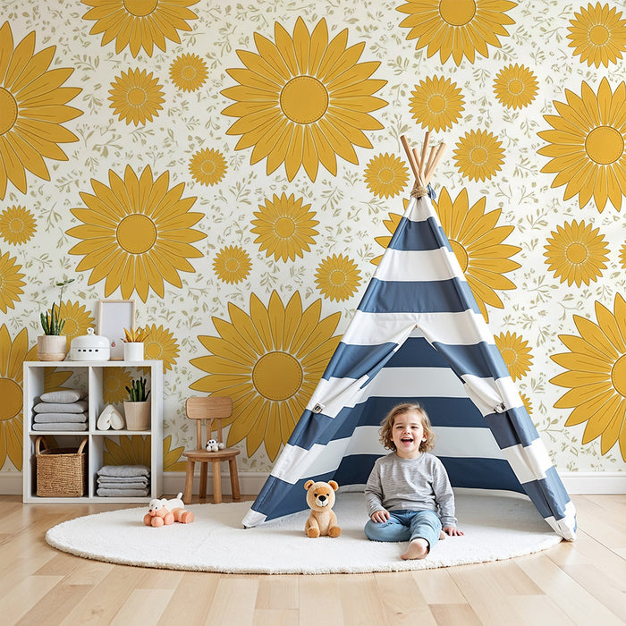 Papier peint chambre bébé | Fleurs ensoleillées avec motifs délicats