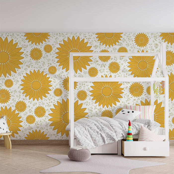 Papier peint chambre bébé | Fleurs ensoleillées avec motifs délicats