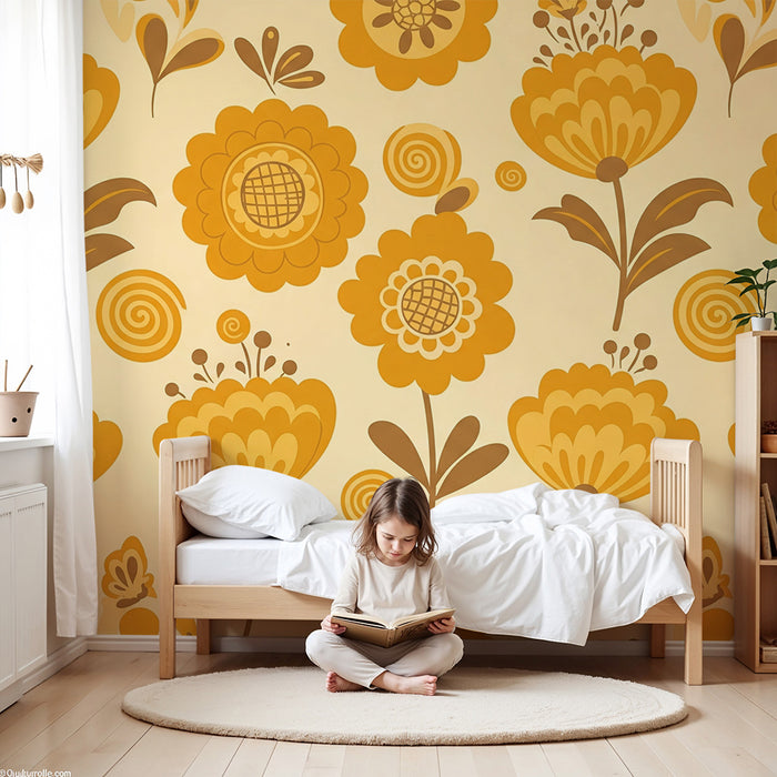 Børneværelses tapet | Solrige blomster og bløde mønstre i gule nuancer
