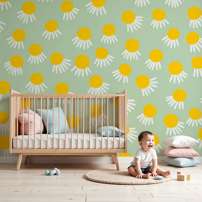 Babykamer behang | Zonnige bloemen op een zachte achtergrond