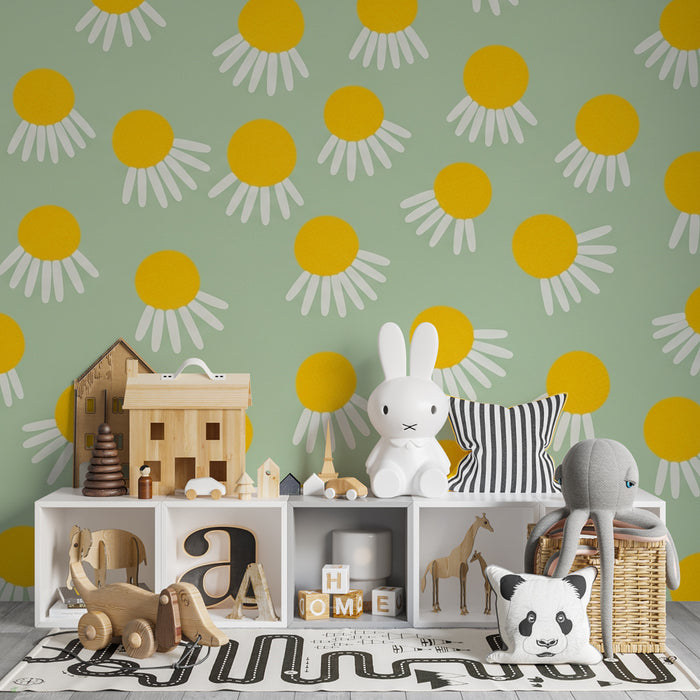Babykamer behang | Zonnige bloemen op een zachte achtergrond