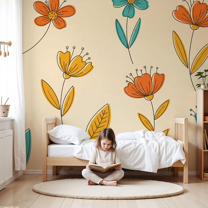 Babykamer behang | Bloemen tussen warme en koude kleuren