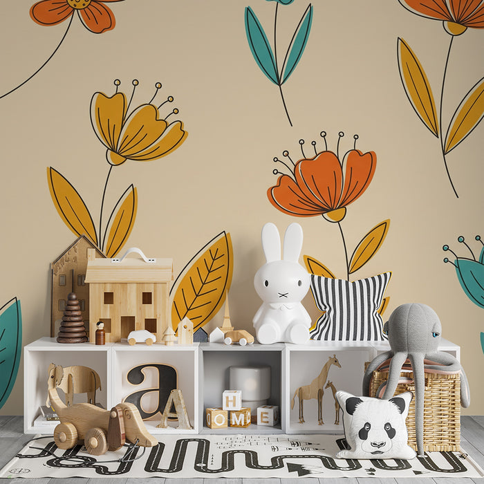 Babykamer behang | Bloemen tussen warme en koude kleuren