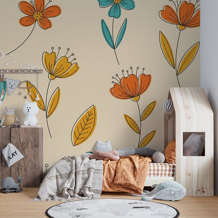 Babykamer behang | Bloemen tussen warme en koude kleuren