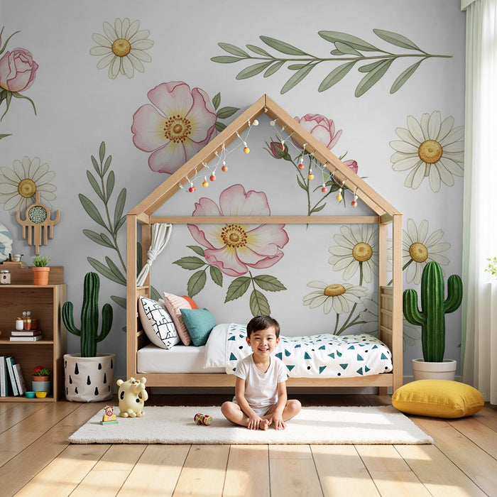 Papel de parede quarto bebê | Flores simples e cores suaves