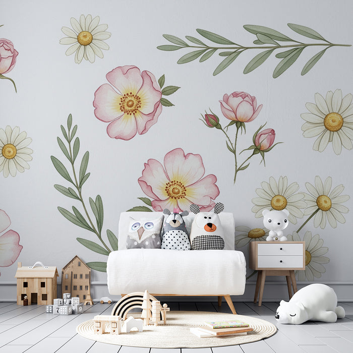 Papel de parede quarto bebê | Flores simples e cores suaves