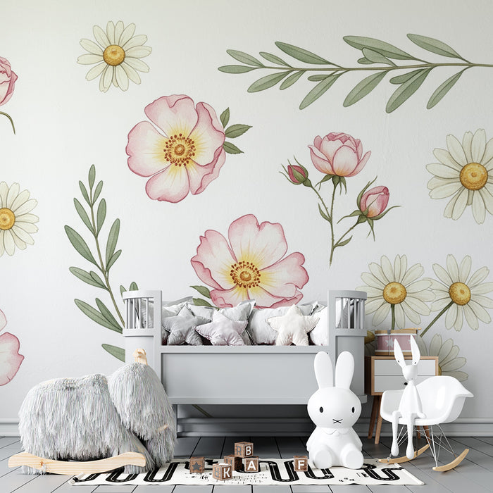 Papel de parede quarto bebê | Flores simples e cores suaves