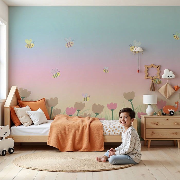 Babykamer behang | Zachte bloemen en bijen