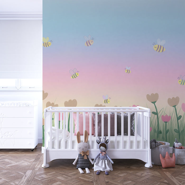 Babykamer behang | Zachte bloemen en bijen