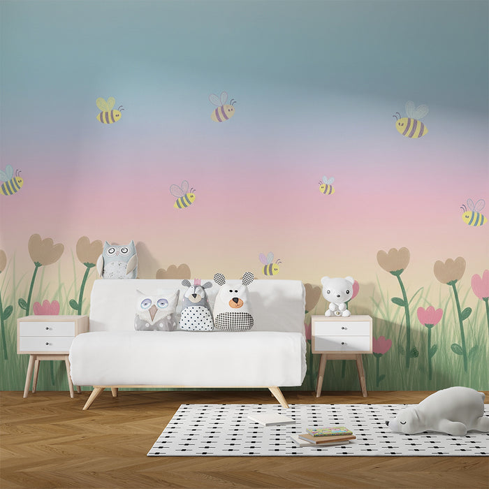 Babykamer behang | Zachte bloemen en bijen