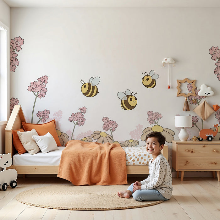 Papier peint chambre bébé | Fleurs et abeilles joyeuses