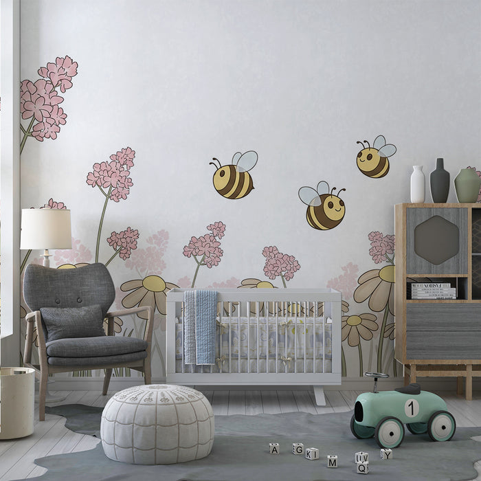 Papier peint chambre bébé | Fleurs et abeilles joyeuses