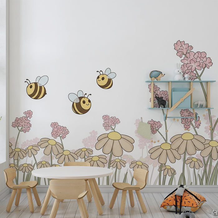 Papier peint chambre bébé | Fleurs et abeilles joyeuses