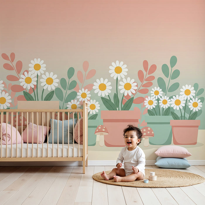 Babykamer behang | Kleurrijke bloemen en paddenstoelen in zachte potten