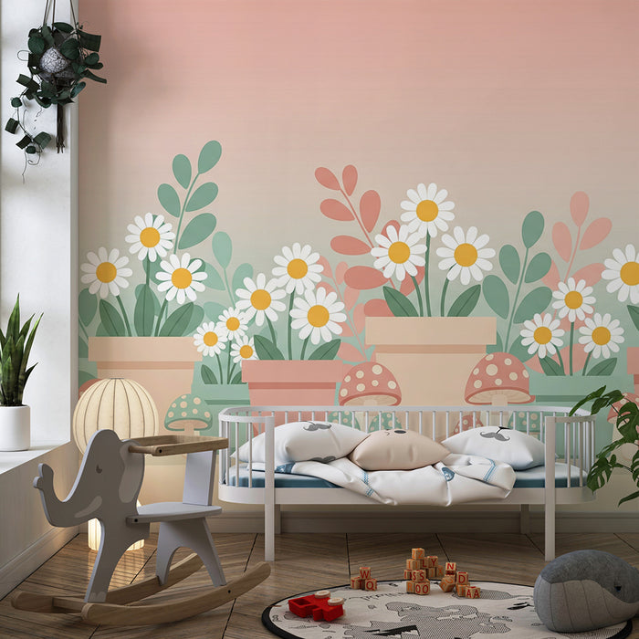 Babykamer behang | Kleurrijke bloemen en paddenstoelen in zachte potten