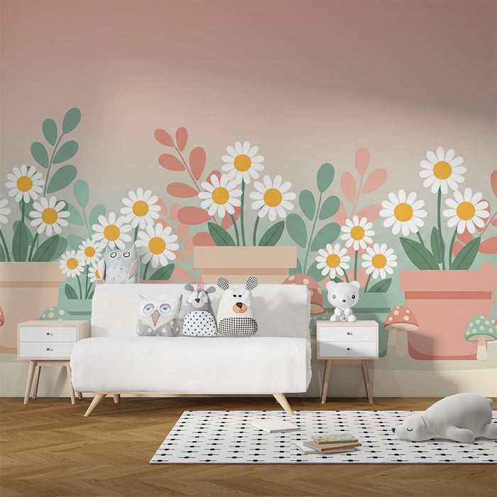 Babykamer behang | Kleurrijke bloemen en paddenstoelen in zachte potten