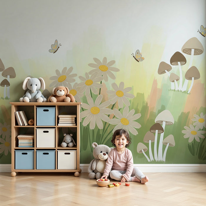 Papier peint chambre bébé | Fleurs et champignons dans un jardin enchanté