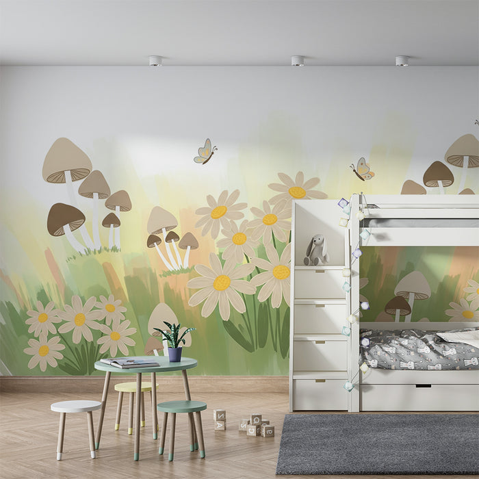 Papier peint chambre bébé | Fleurs et champignons dans un jardin enchanté