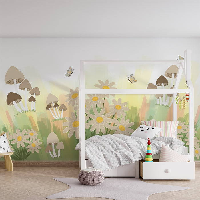 Papier peint chambre bébé | Fleurs et champignons dans un jardin enchanté