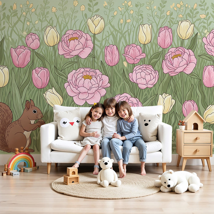 Papier peint chambre bébé | Fleurs et écureuils dans un jardin printanier