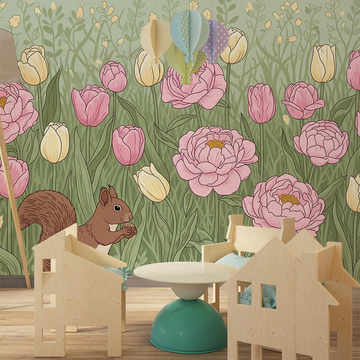 Papier peint chambre bébé | Fleurs et écureuils dans un jardin printanier