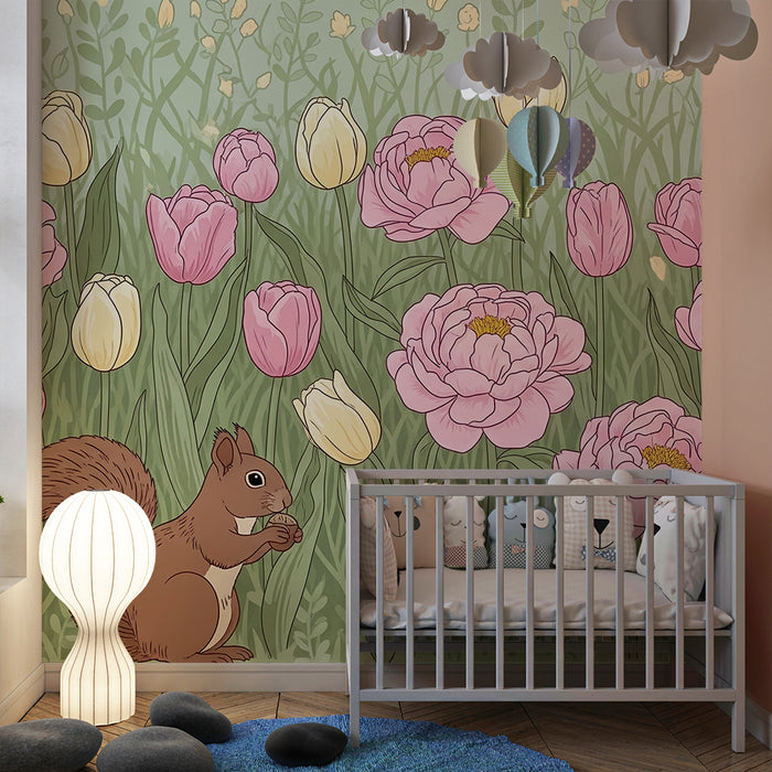 Papier peint chambre bébé | Fleurs et écureuils dans un jardin printanier