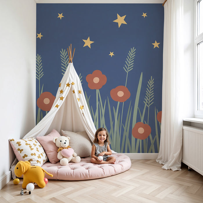 Papier peint chambre bébé | Fleurs et étoiles sous un ciel nocturne