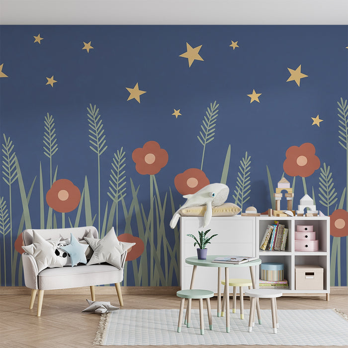 Papier peint chambre bébé | Fleurs et étoiles sous un ciel nocturne