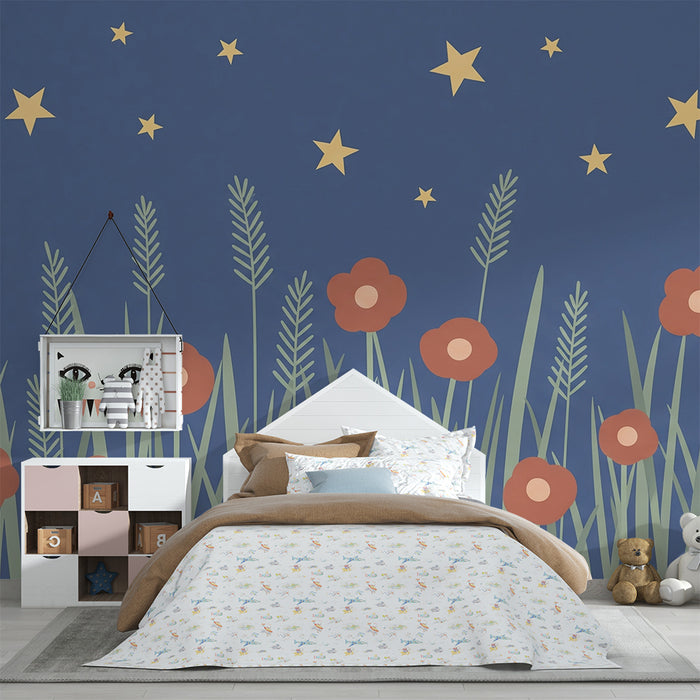Papier peint chambre bébé | Fleurs et étoiles sous un ciel nocturne