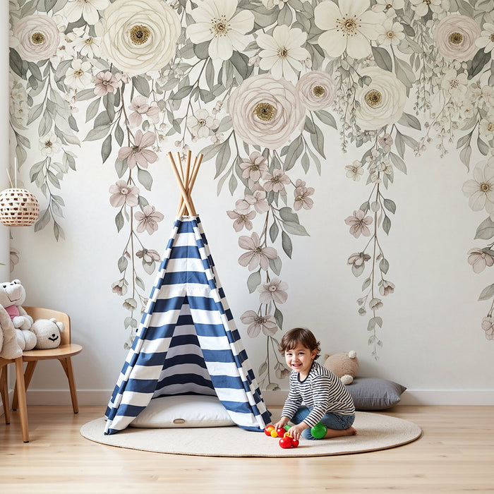 Papier peint chambre bébé | Fleurs et feuillage au style vintage