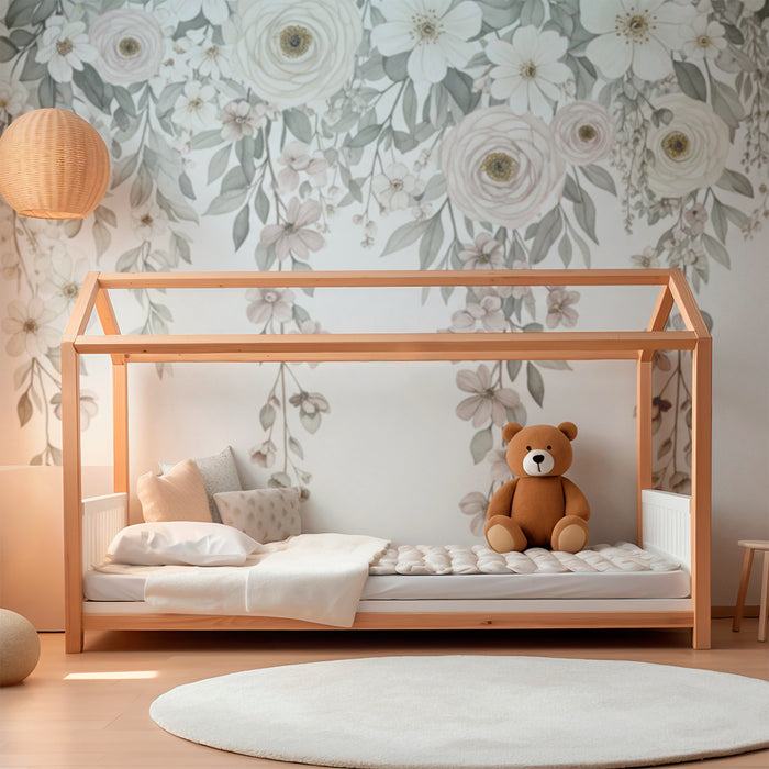 Papier peint chambre bébé | Fleurs et feuillage au style vintage