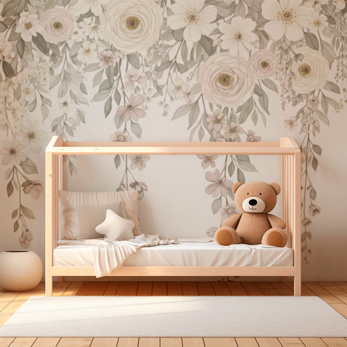 Papier peint chambre bébé | Fleurs et feuillage au style vintage