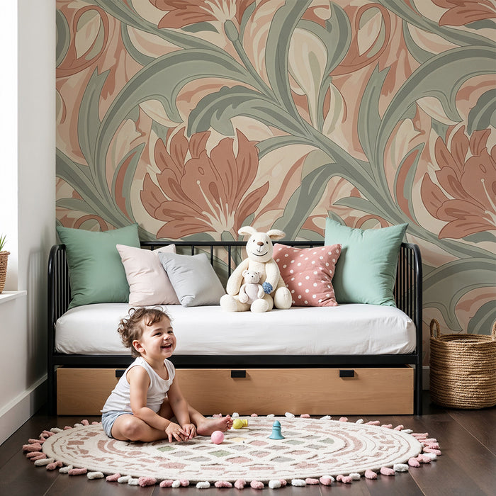 Papier peint chambre bébé | Fleurs et feuillage aux tons pastel