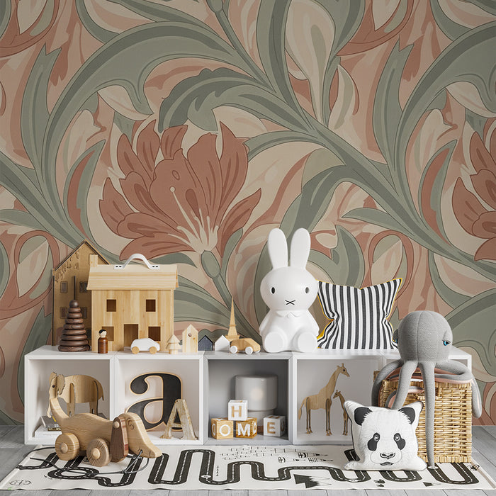 Papier peint chambre bébé | Fleurs et feuillage aux tons pastel