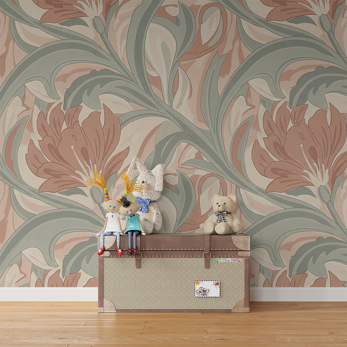 Papier peint chambre bébé | Fleurs et feuillage aux tons pastel