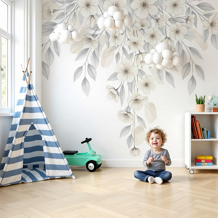 Børneværelse tapet | Blomster og faldende midtblade