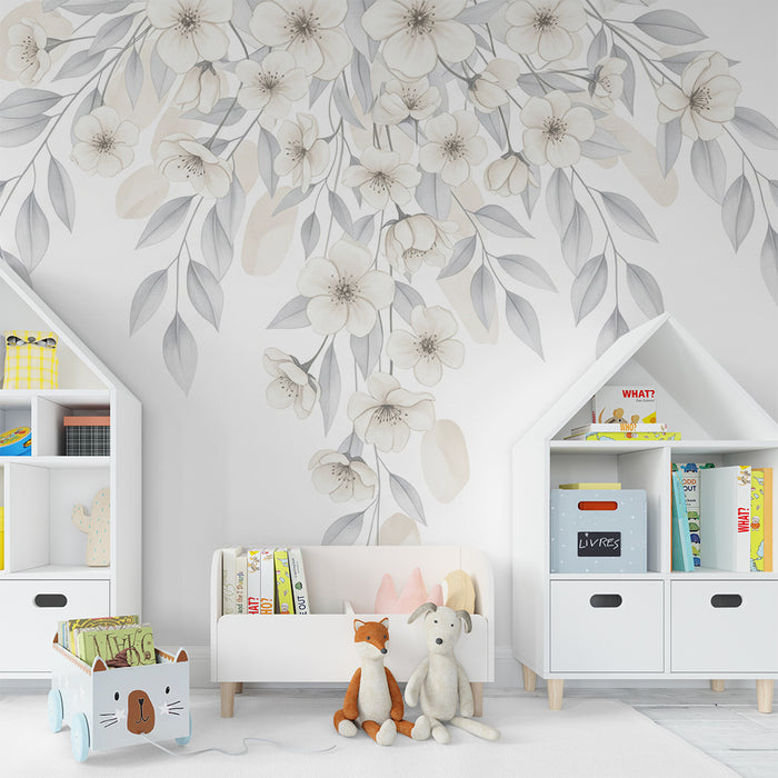 Børneværelse tapet | Blomster og faldende midtblade