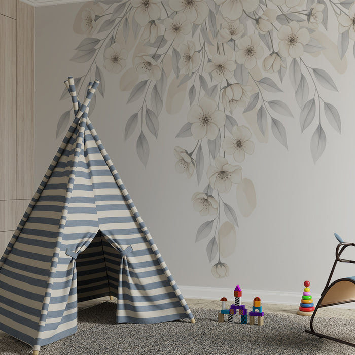 Børneværelse tapet | Blomster og faldende midtblade