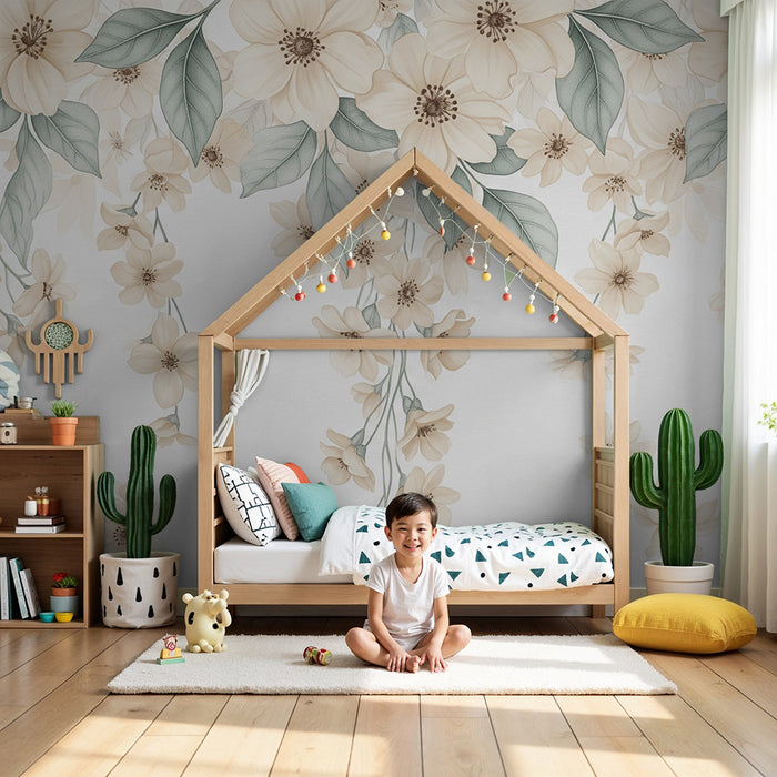 Papier peint chambre bébé | Fleurs et feuillage en tons pastel
