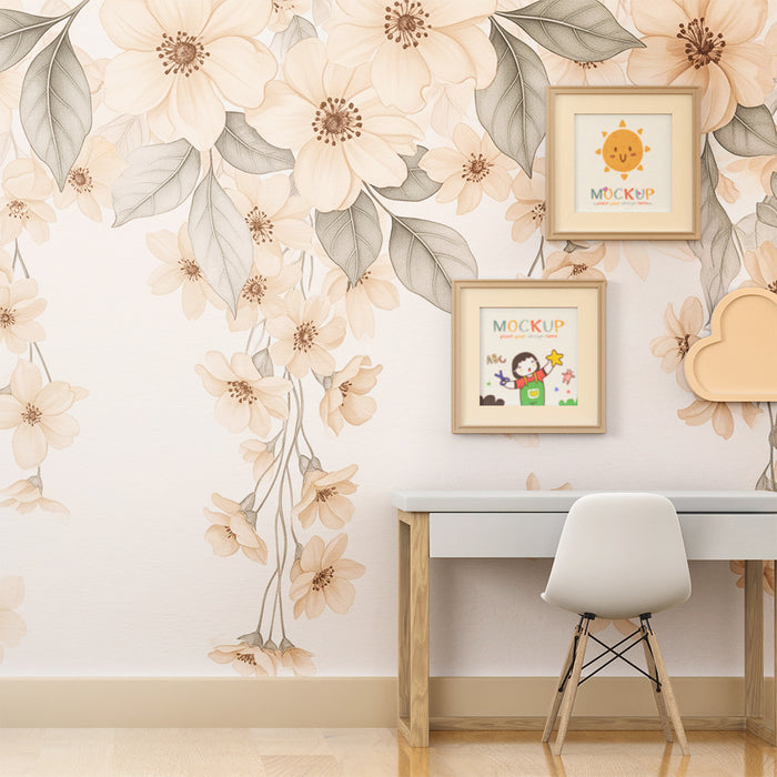 Papier peint chambre bébé | Fleurs et feuillage en tons pastel