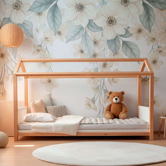 Papier peint chambre bébé | Fleurs et feuillage en tons pastel