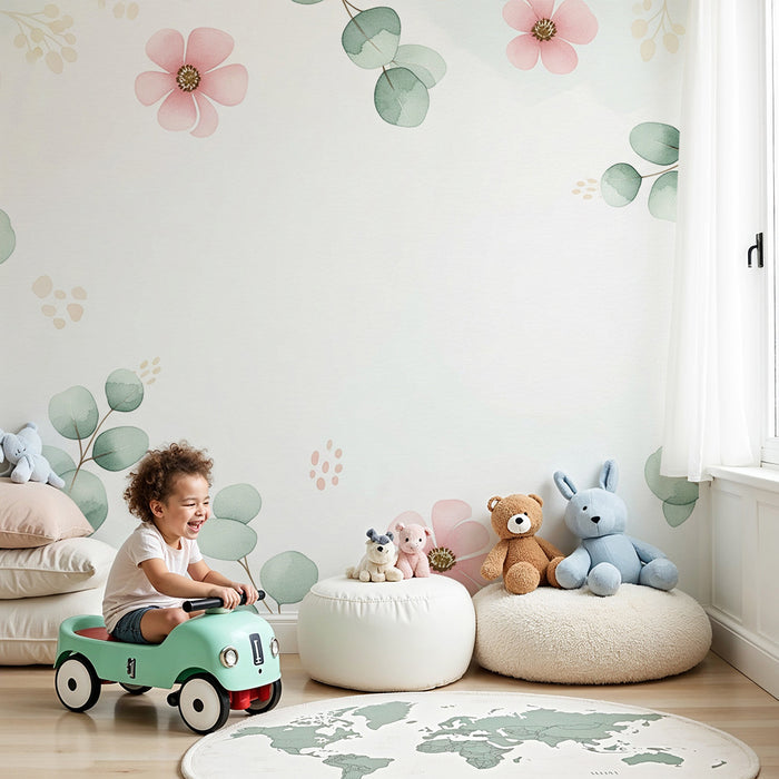Babykamer behang | Bloemen en eucalyptus bladeren