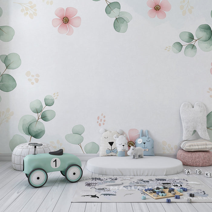 Babykamer behang | Bloemen en eucalyptus bladeren