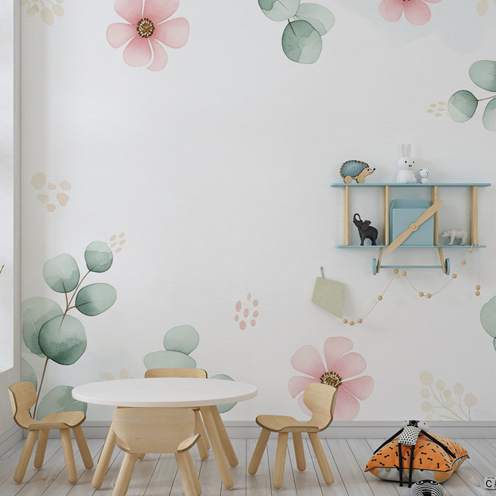 Babykamer behang | Bloemen en eucalyptus bladeren