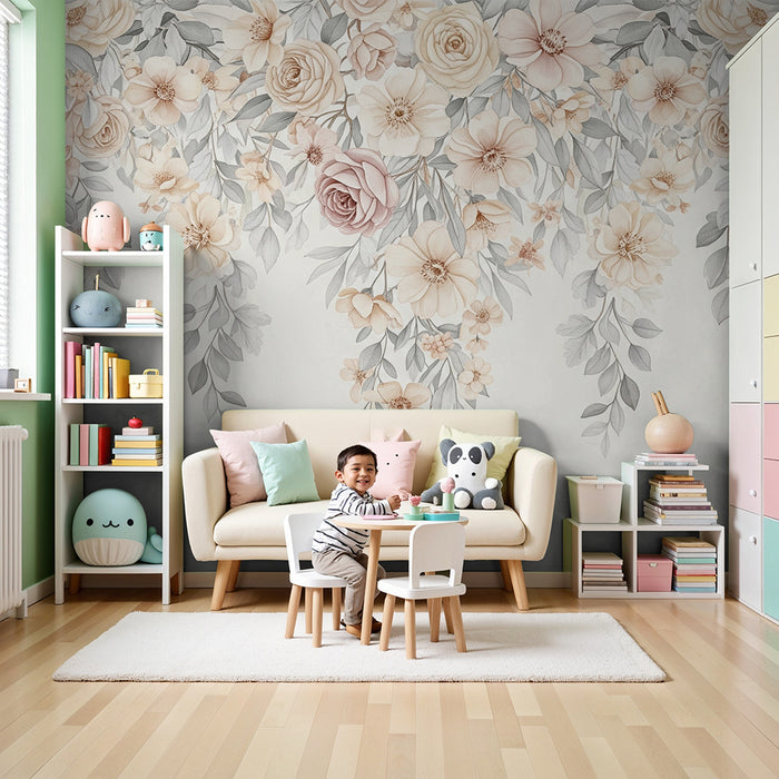 Babykamer behang | Bloemen en shabby chic vallend bladwerk