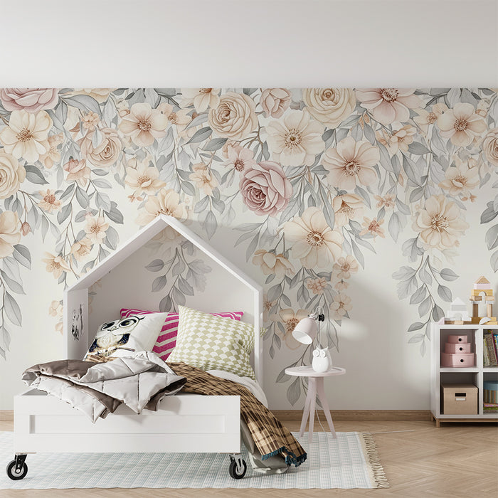 Babykamer behang | Bloemen en shabby chic vallend bladwerk